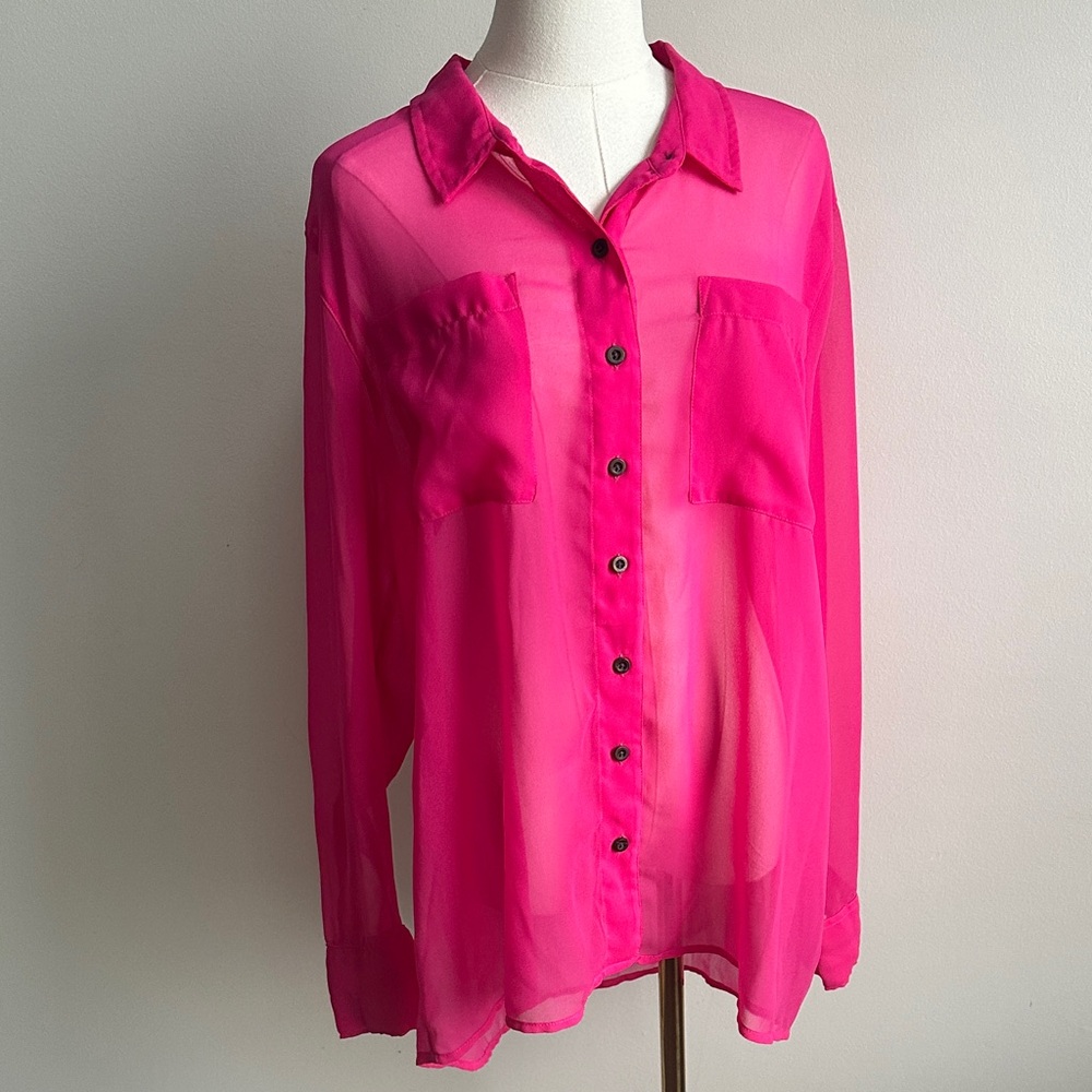 Sheer Vibrant Pink Womens XL Lightweight Edgy Blouse Rock Glam Indie Sleaze